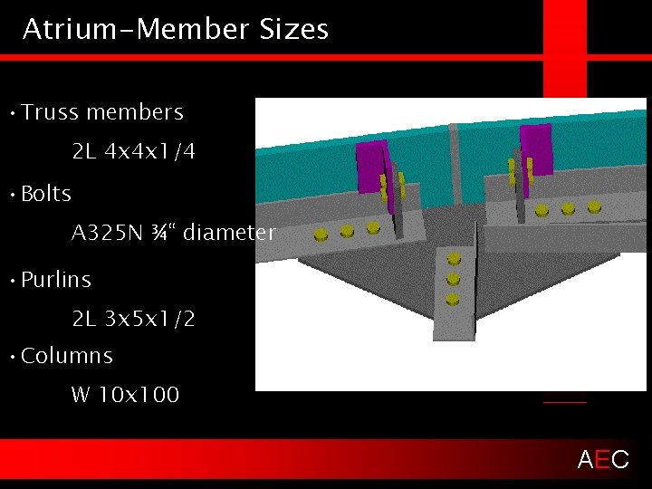 Atrium-Member Sizes • Truss members 2 L 4 x 4 x 1/4 • Bolts