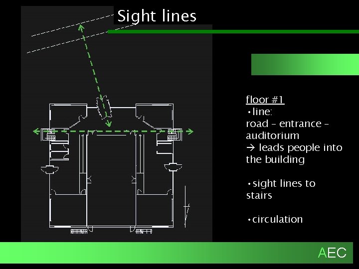 Sight lines floor #1 • line: road – entrance – auditorium leads people into