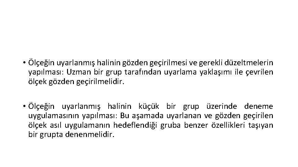  • Ölçeğin uyarlanmış halinin gözden geçirilmesi ve gerekli düzeltmelerin yapılması: Uzman bir grup