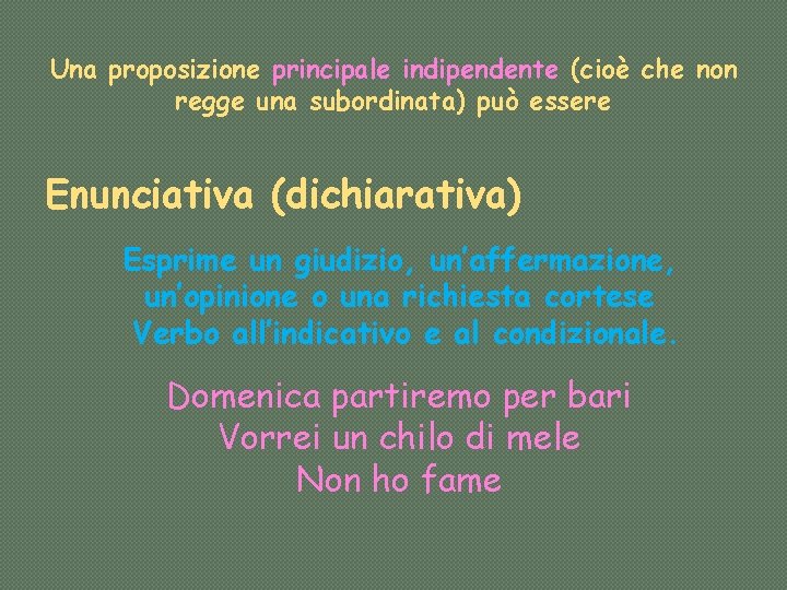 Una proposizione principale indipendente (cioè che non regge una subordinata) può essere Enunciativa (dichiarativa)