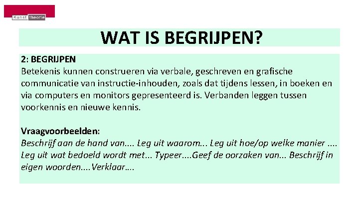  WAT IS BEGRIJPEN? 2: BEGRIJPEN Betekenis kunnen construeren via verbale, geschreven en grafische