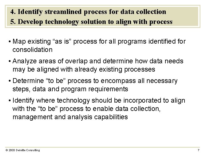 4. Identify streamlined process for data collection 5. Develop technology solution to align with