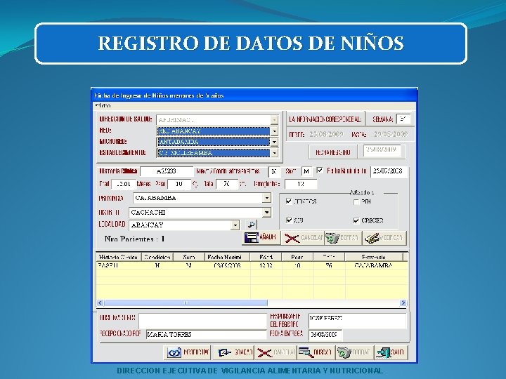 REGISTRO DE DATOS DE NIÑOS DIRECCION EJECUTIVA DE VIGILANCIA ALIMENTARIA Y NUTRICIONAL 