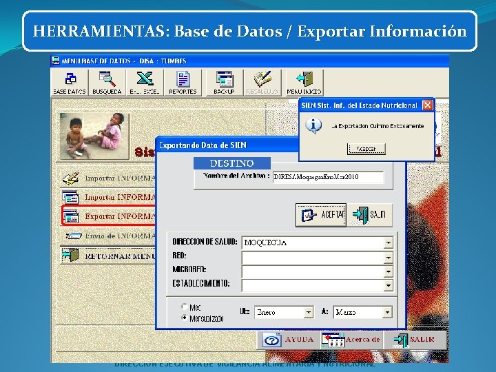 HERRAMIENTAS: Base de Datos / Exportar Información DIRECCION EJECUTIVA DE VIGILANCIA ALIMENTARIA Y NUTRICIONAL