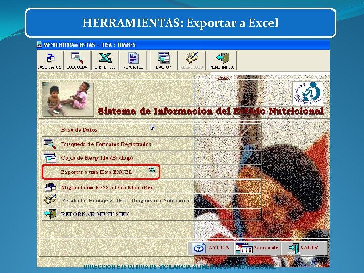 HERRAMIENTAS: Exportar a Excel DIRECCION EJECUTIVA DE VIGILANCIA ALIMENTARIA Y NUTRICIONAL 