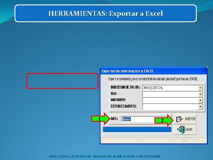 HERRAMIENTAS: Exportar a Excel 1 2 DIRECCION EJECUTIVA DE VIGILANCIA ALIMENTARIA Y NUTRICIONAL 