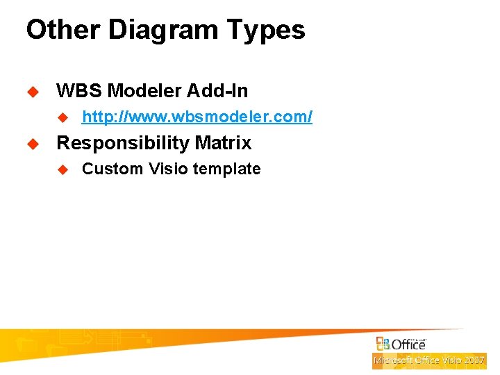Other Diagram Types u WBS Modeler Add-In u u http: //www. wbsmodeler. com/ Responsibility