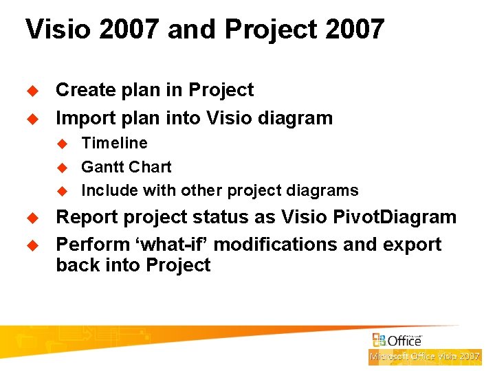 Visio 2007 and Project 2007 u u Create plan in Project Import plan into