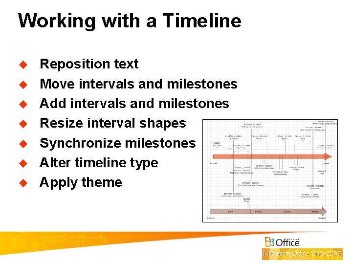 Working with a Timeline u u u u Reposition text Move intervals and milestones