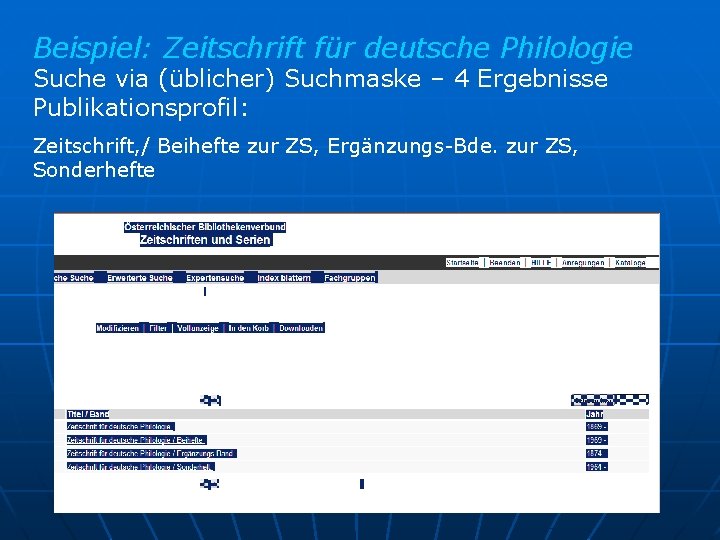 Beispiel: Zeitschrift für deutsche Philologie Suche via (üblicher) Suchmaske – 4 Ergebnisse Publikationsprofil: Zeitschrift,