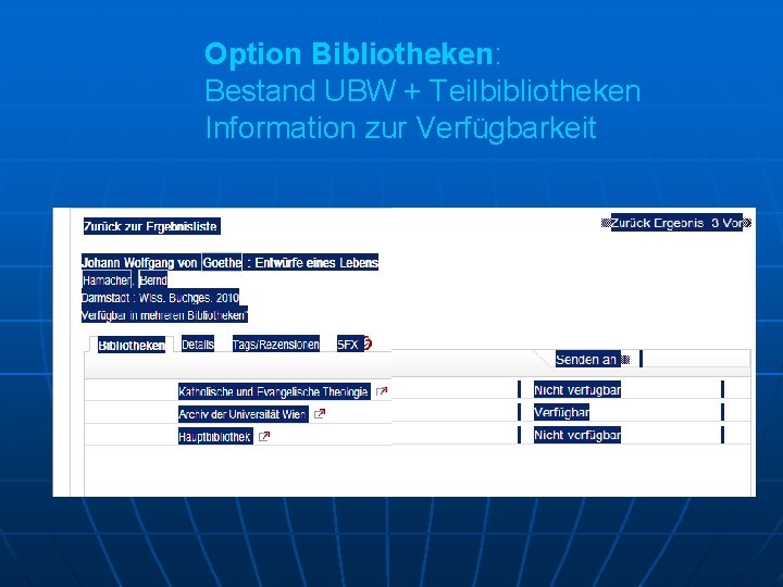 Option Bibliotheken: Bestand UBW + Teilbibliotheken Information zur Verfügbarkeit 