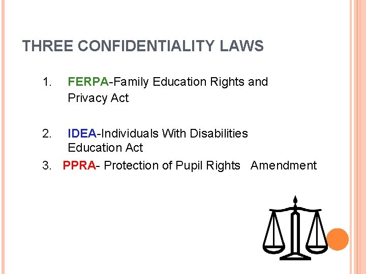 THREE CONFIDENTIALITY LAWS 1. 2. FERPA-Family Education Rights and Privacy Act IDEA-Individuals With Disabilities