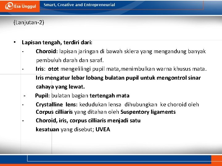 (Lanjutan-2) • Lapisan tengah, terdiri dari: Choroid: lapisan jaringan di bawah sklera yang mengandung