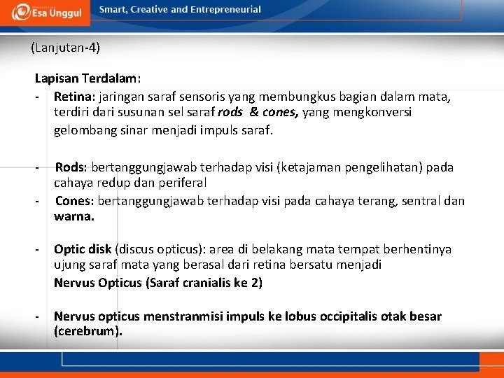 (Lanjutan-4) Lapisan Terdalam: - Retina: jaringan saraf sensoris yang membungkus bagian dalam mata, terdiri (Lanjutan-4) Lapisan Terdalam: - Retina: jaringan saraf sensoris yang membungkus bagian dalam mata, terdiri