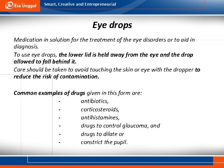 Eye drops Medication in solution for the treatment of the eye disorders or to