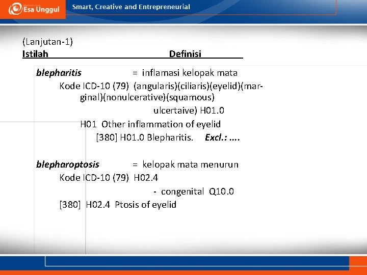 (Lanjutan-1) Istilah Definisi blepharitis = inflamasi kelopak mata Kode ICD-10 (79) (angularis)(ciliaris)(eyelid)(marginal)(nonulcerative)(squamous) ulcertaive) H