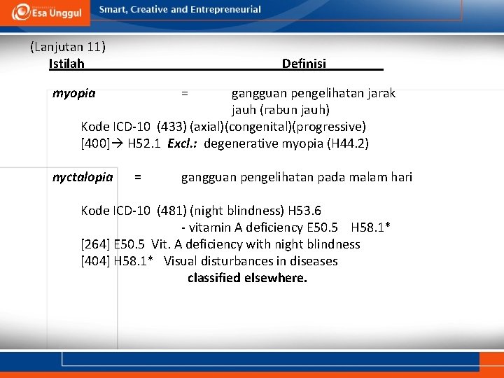 (Lanjutan 11) Istilah Definisi myopia gangguan pengelihatan jarak jauh (rabun jauh) Kode ICD-10 (433)