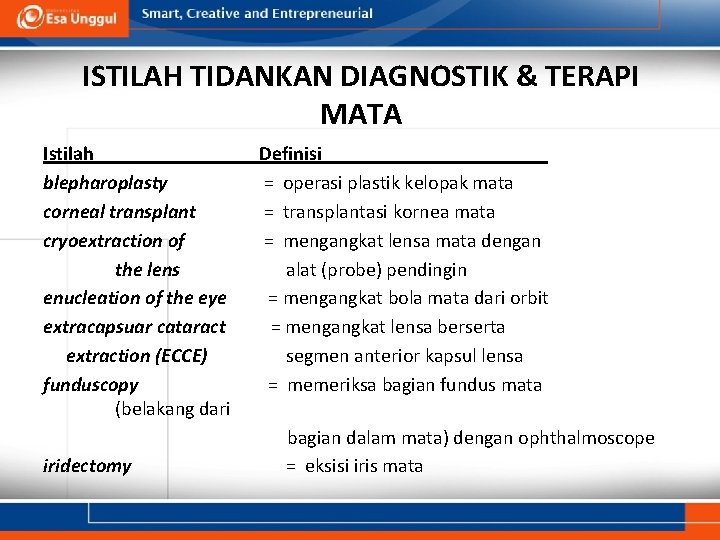 ISTILAH TIDANKAN DIAGNOSTIK & TERAPI MATA Istilah blepharoplasty corneal transplant cryoextraction of the lens