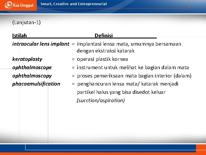 (Lanjutan-1) Istilah Definisi intraocular lens implant = implantasi lensa mata, umumnya bersamaan dengan ekstraksi