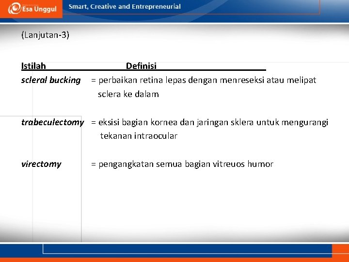 (Lanjutan-3) Istilah scleral bucking Definisi = perbaikan retina lepas dengan menreseksi atau melipat sclera