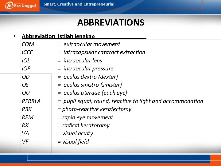 ABBREVIATIONS • Abbreviation EOM ICCE IOL IOP OD OS OU PERRLA PRK REM RK