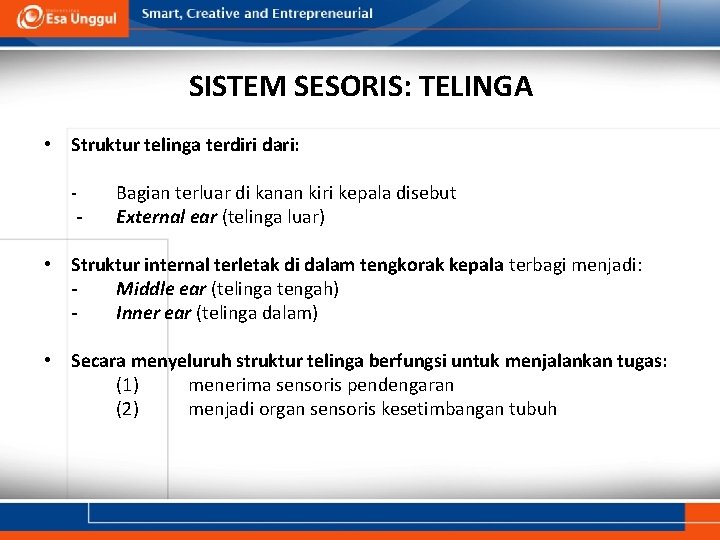 SISTEM SESORIS: TELINGA • Struktur telinga terdiri dari: - Bagian terluar di kanan kiri SISTEM SESORIS: TELINGA • Struktur telinga terdiri dari: - Bagian terluar di kanan kiri