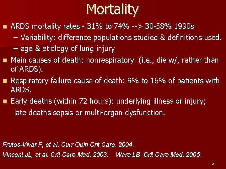 Mortality n ARDS mortality rates - 31% to 74% --> 30 -58% 1990 s