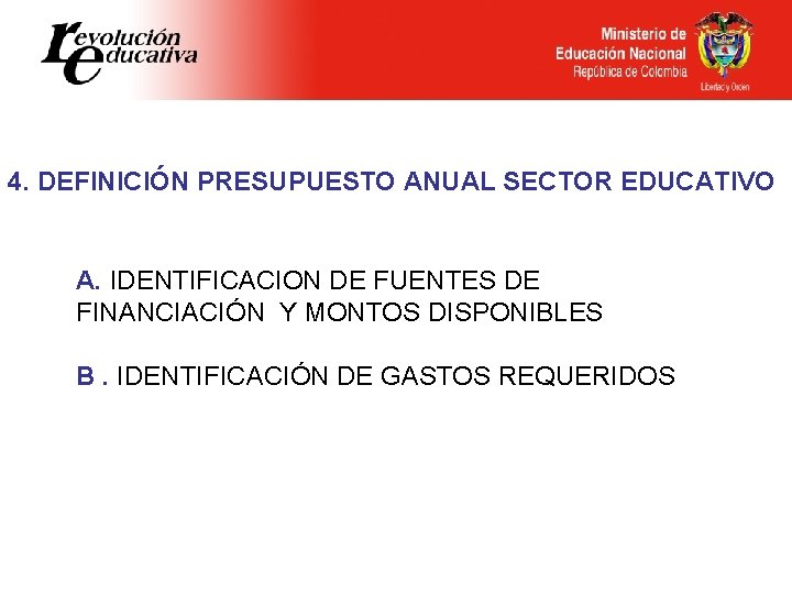 4. DEFINICIÓN PRESUPUESTO ANUAL SECTOR EDUCATIVO A. IDENTIFICACION DE FUENTES DE FINANCIACIÓN Y MONTOS