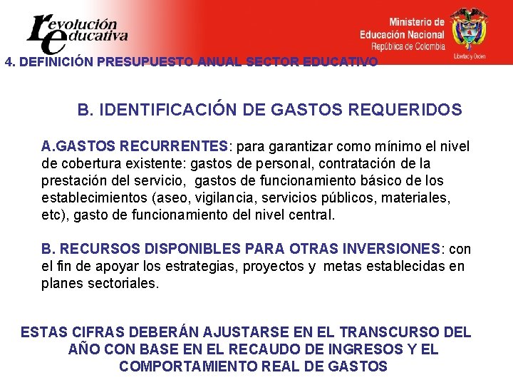 4. DEFINICIÓN PRESUPUESTO ANUAL SECTOR EDUCATIVO B. IDENTIFICACIÓN DE GASTOS REQUERIDOS A. GASTOS RECURRENTES: