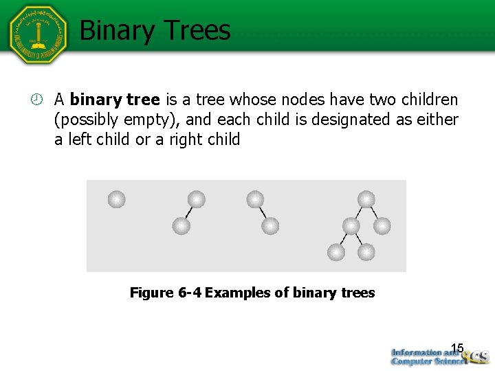 Binary Trees A binary tree is a tree whose nodes have two children (possibly