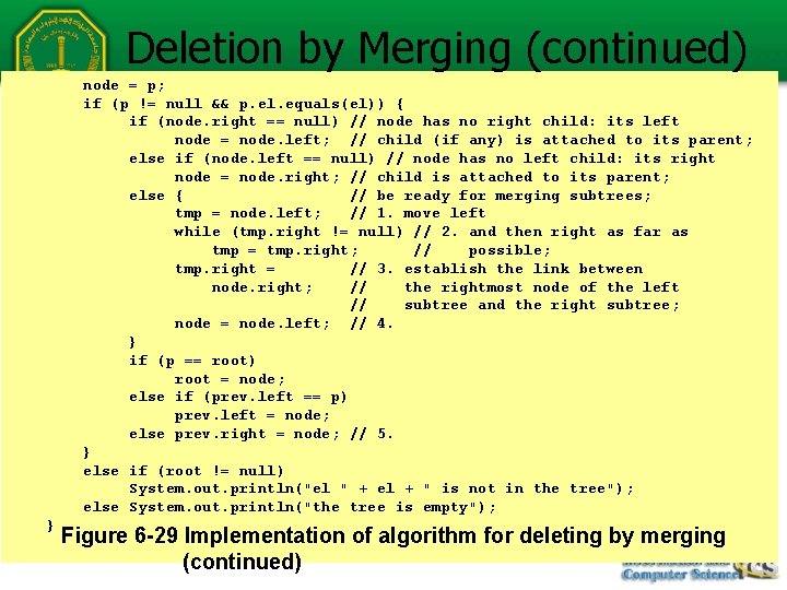 Deletion by Merging (continued) node = p; if (p != null && p. el.