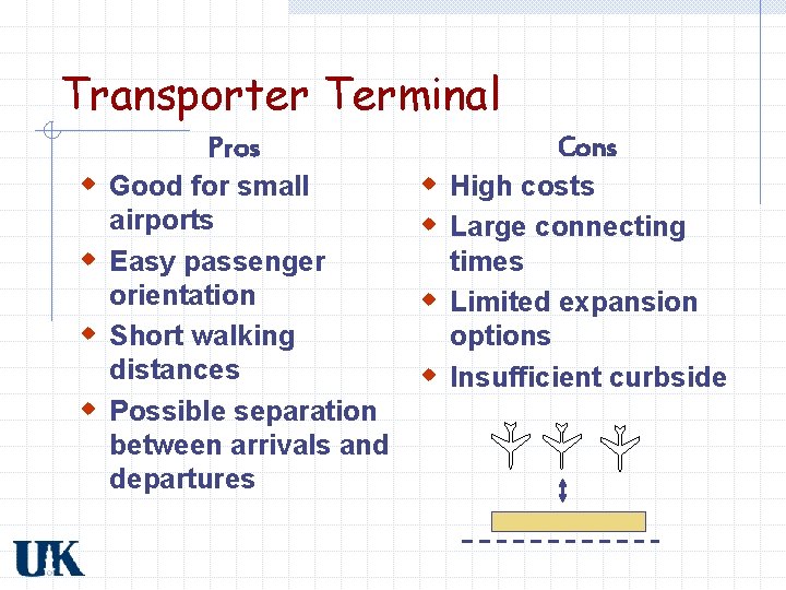 Transporter Terminal Pros w Good for small airports w Easy passenger orientation w Short