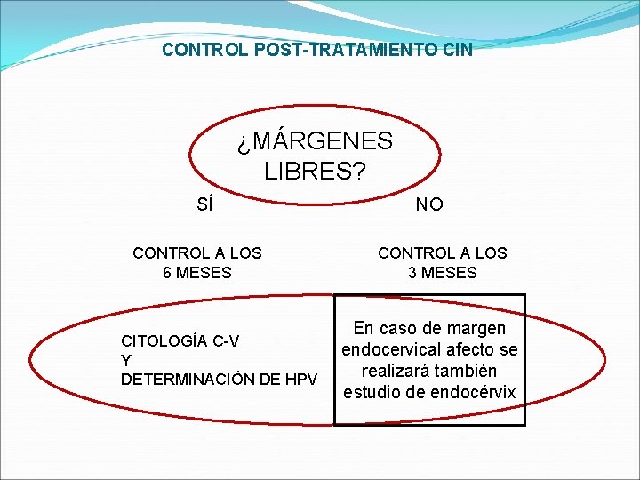 CONTROL POST-TRATAMIENTO CIN ¿MÁRGENES LIBRES? SÍ CONTROL A LOS 6 MESES CITOLOGÍA C-V Y