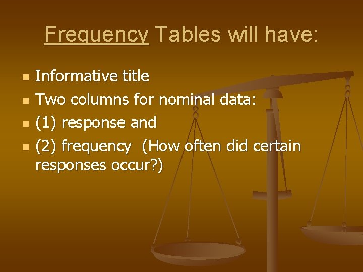 Frequency Tables will have: n n Informative title Two columns for nominal data: (1)