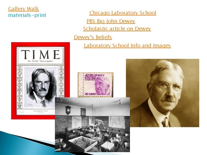 Gallery Walk materials-print Chicago Laboratory School PBS Bio John Dewey Scholastic article on Dewey's Gallery Walk materials-print Chicago Laboratory School PBS Bio John Dewey Scholastic article on Dewey's