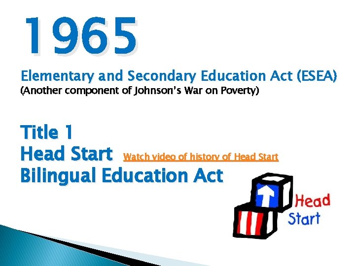 1965 Elementary and Secondary Education Act (ESEA) (Another component of Johnson’s War on Poverty) 1965 Elementary and Secondary Education Act (ESEA) (Another component of Johnson’s War on Poverty)