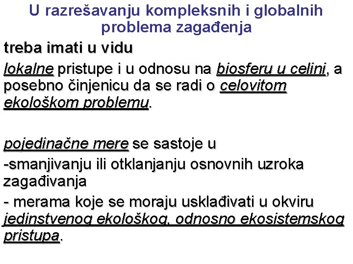 U razrešavanju kompleksnih i globalnih problema zagađenja treba imati u vidu lokalne pristupe i