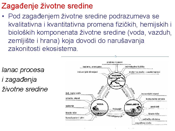 Zagađenje životne sredine • Pod zagađenjem životne sredine podrazumeva se kvalitativna i kvantitativna promena
