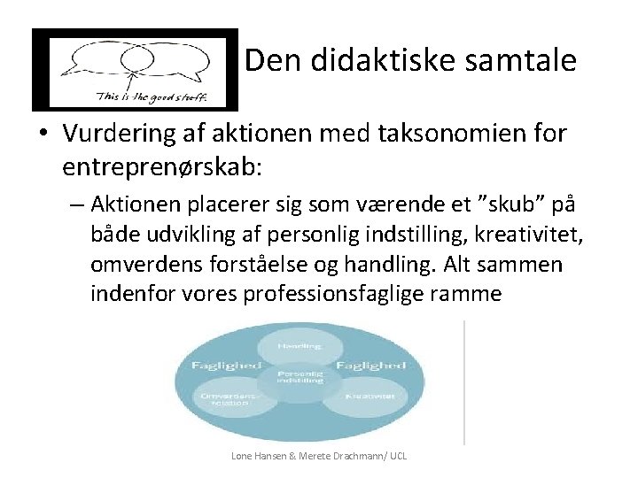 Den didaktiske samtale • Vurdering af aktionen med taksonomien for entreprenørskab: – Aktionen placerer