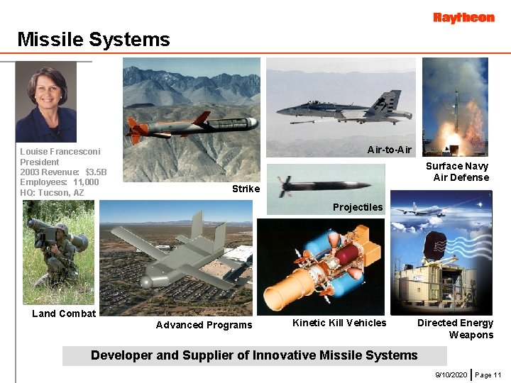 Missile Systems Louise Francesconi President 2003 Revenue: $3. 5 B Employees: 11, 000 HQ: