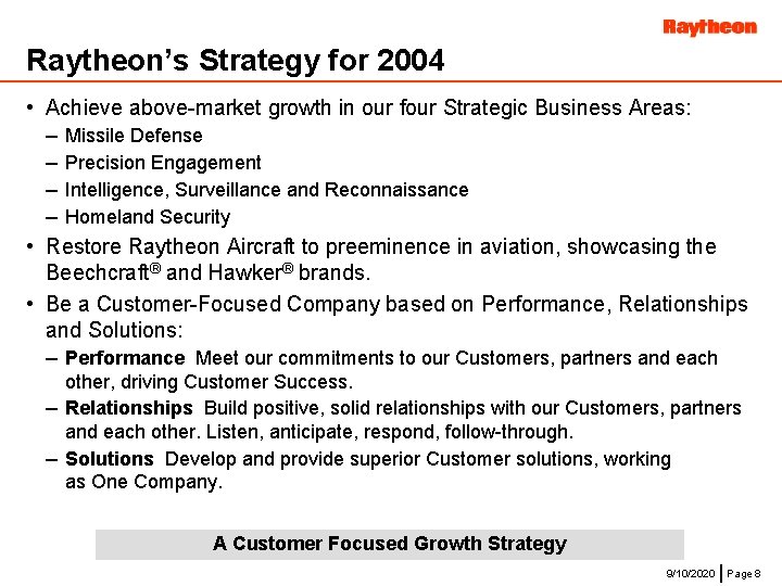 Raytheon’s Strategy for 2004 • Achieve above-market growth in our four Strategic Business Areas: