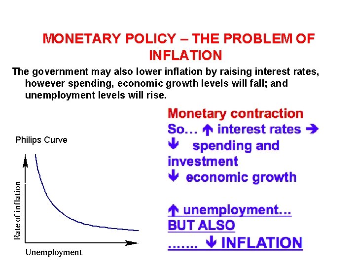 MONETARY POLICY – THE PROBLEM OF INFLATION The government may also lower inflation by