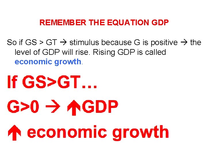 REMEMBER THE EQUATION GDP So if GS > GT stimulus because G is positive