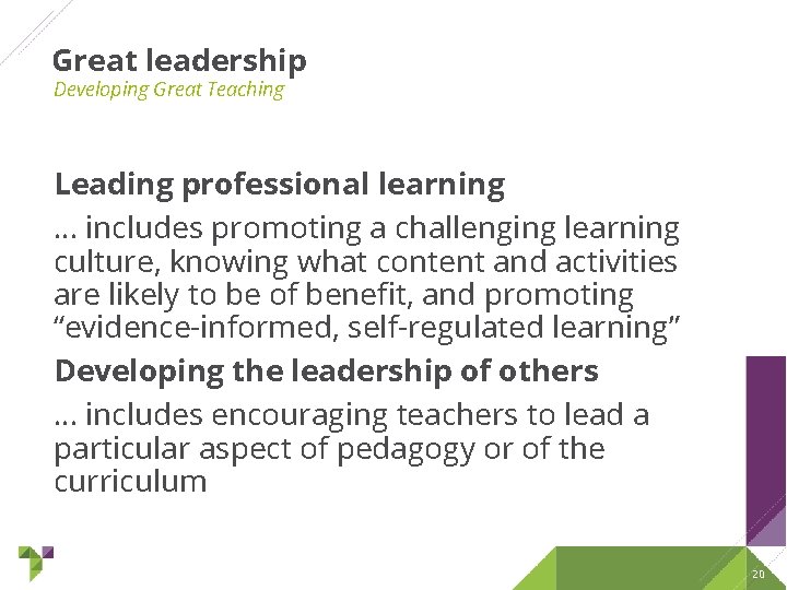 Great leadership Developing Great Teaching Leading professional learning … includes promoting a challenging learning Great leadership Developing Great Teaching Leading professional learning … includes promoting a challenging learning