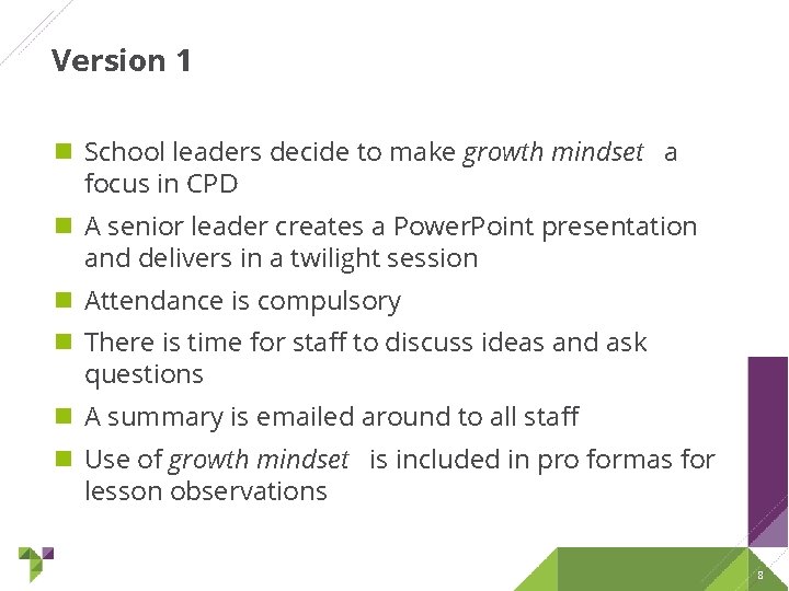 Version 1 School leaders decide to make growth mindset a focus in CPD A Version 1 School leaders decide to make growth mindset a focus in CPD A