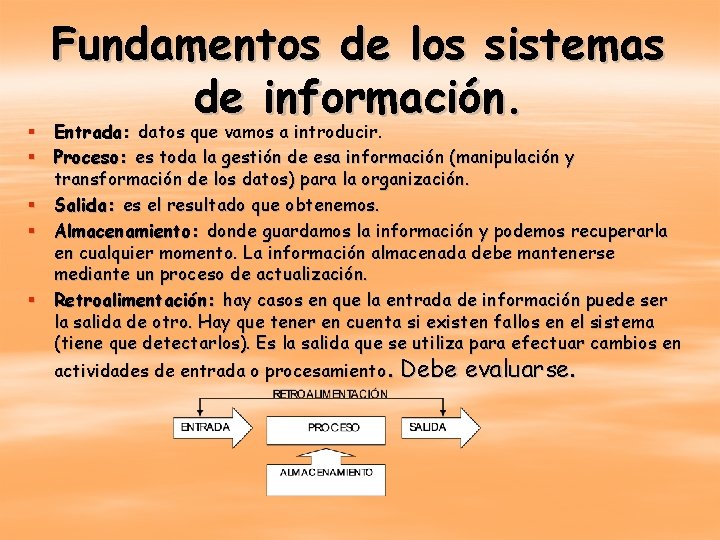 Fundamentos de los sistemas de información. § Entrada: datos que vamos a introducir. §