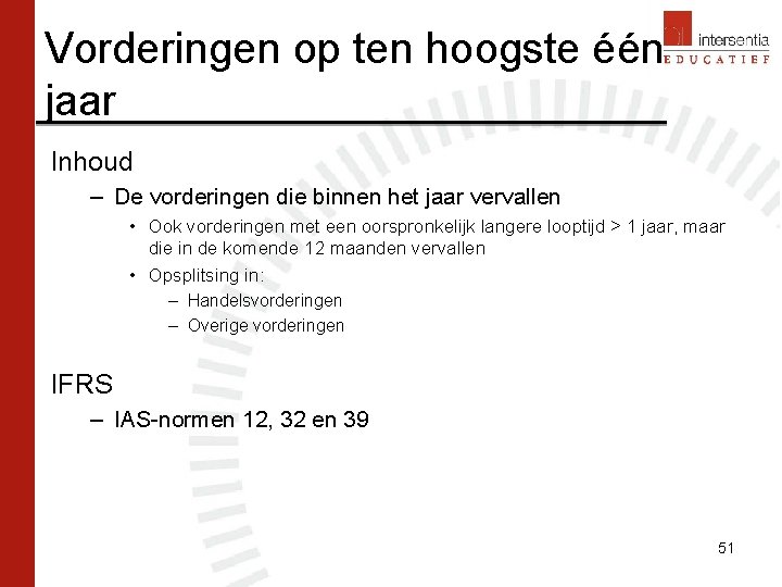 Vorderingen op ten hoogste één jaar Inhoud – De vorderingen die binnen het jaar