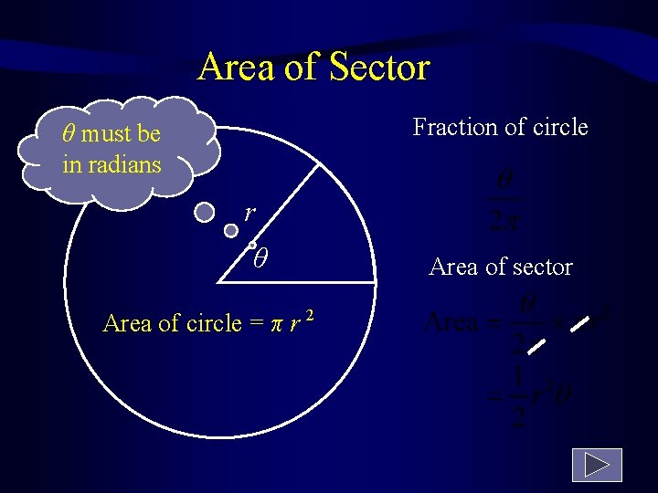 Area of Sector Fraction of circle θ must be in radians r θ Area