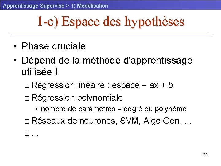 Apprentissage Supervisé > 1) Modélisation 1 -c) Espace des hypothèses • Phase cruciale •