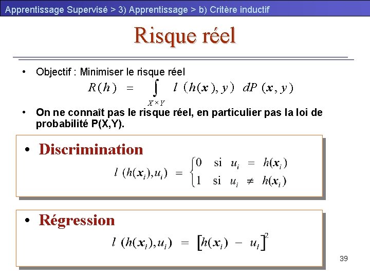 Apprentissage Supervisé > 3) Apprentissage > b) Critère inductif Risque réel • Objectif :